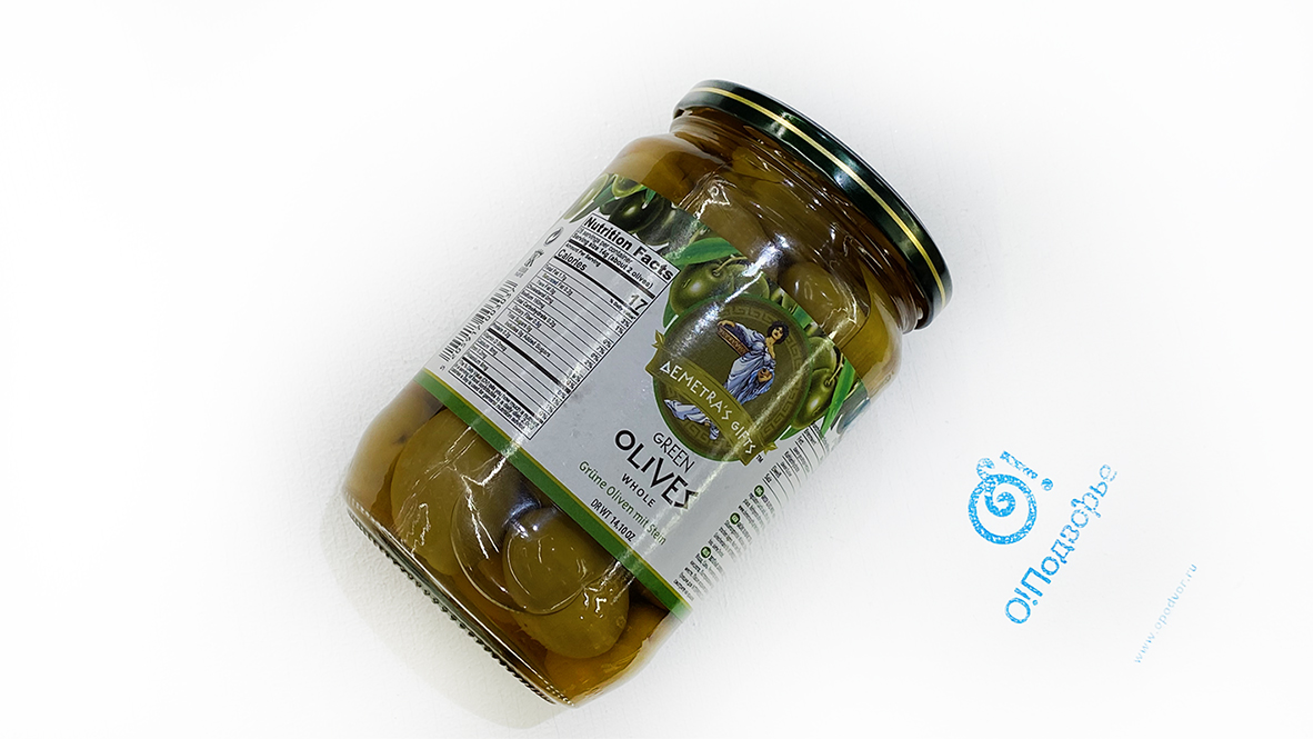 Греческие оливки зеленые с косточкой,  Греция "DEMETRA*S GIFTS" (на разв.), Нетто 700 грамм, Продукта 400 грамм