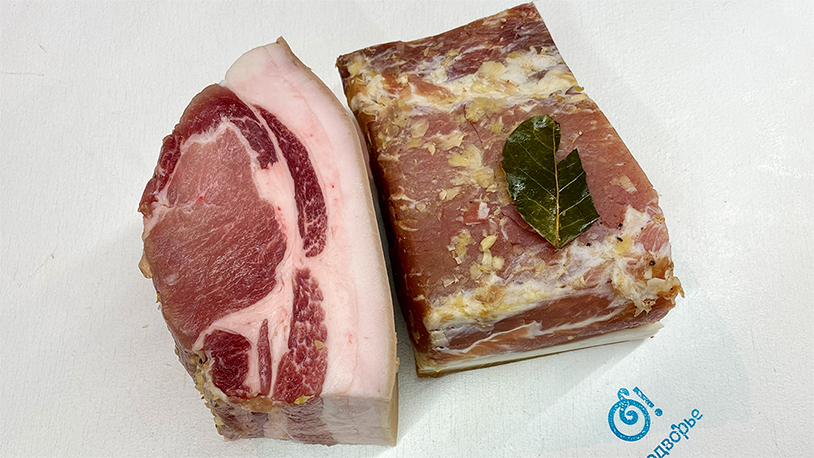 Грудинка соленая с чесноком, домашняя продукция
