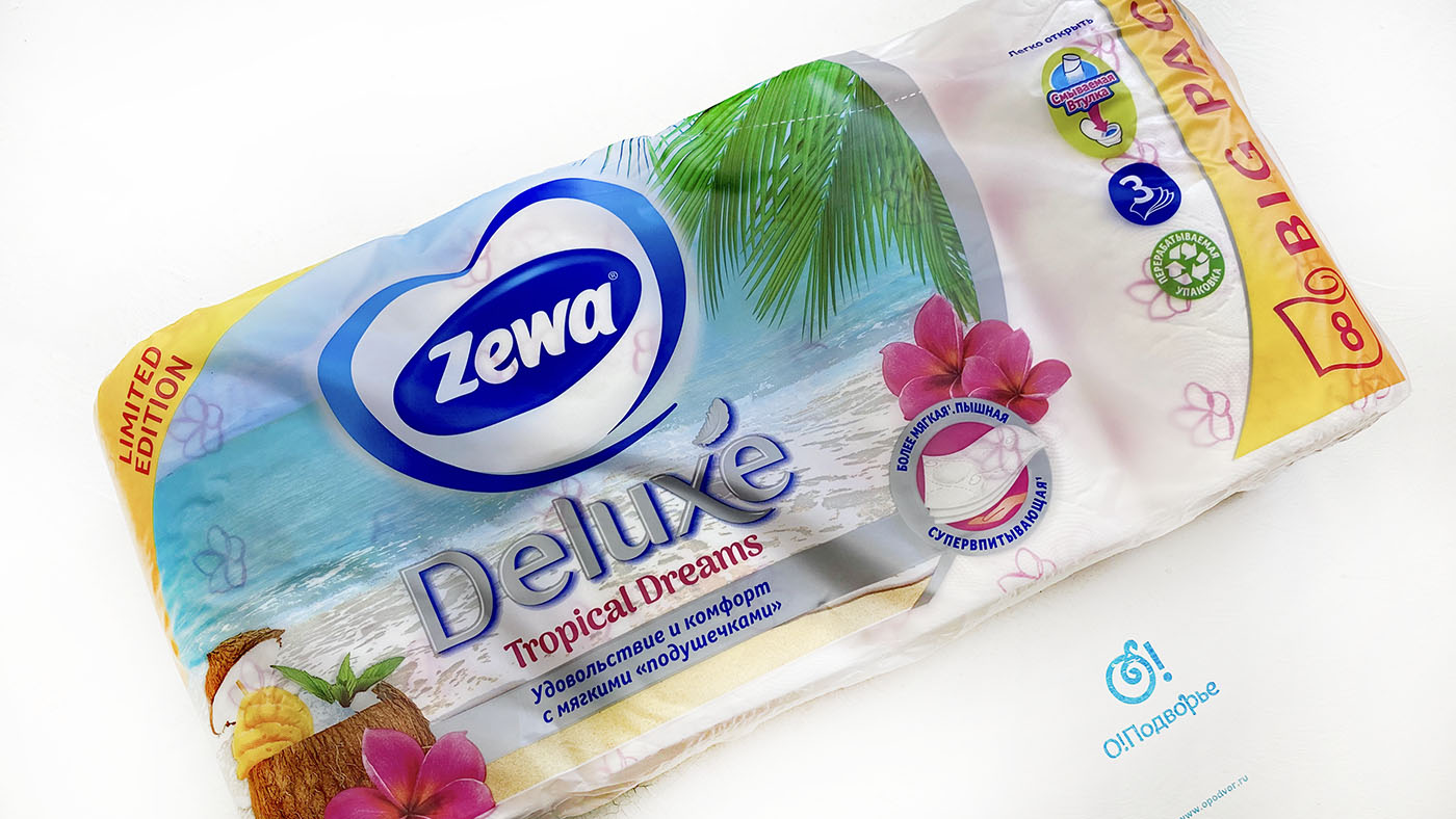 Туалетная бумага Zewa Deluxe Tropical Dream 3 слоя смываемая втулка 8 штук